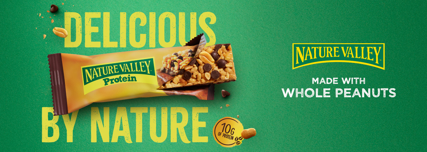 Nature Valley Protein bar with chocolate chips, unwrapped, on a green and yellow background with text highlights.
