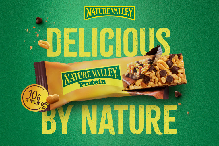 Nature Valley Protein bar with chocolate chips, unwrapped, on a green and yellow background with text highlights.