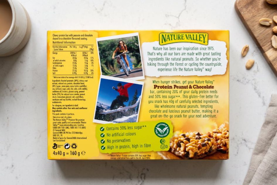Nature Valley Protein Peanut & Chocolate bar box with nutrition panel and icons; Contains 50% less sugar