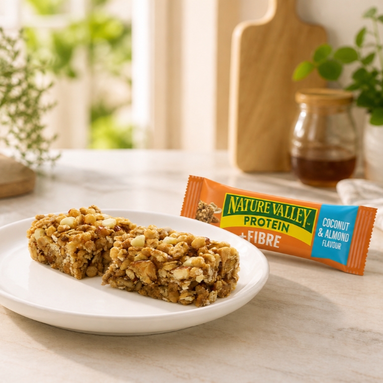 Nature Valley Protein + Fibre coconut and almond granola bars on a white plate with product packaging in the background.