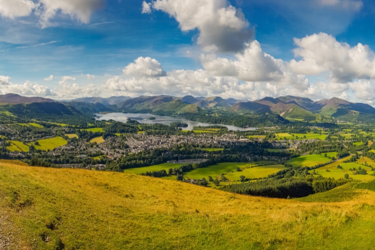 A panoramic view over Latrigg Keswick and the surrounding mountains.